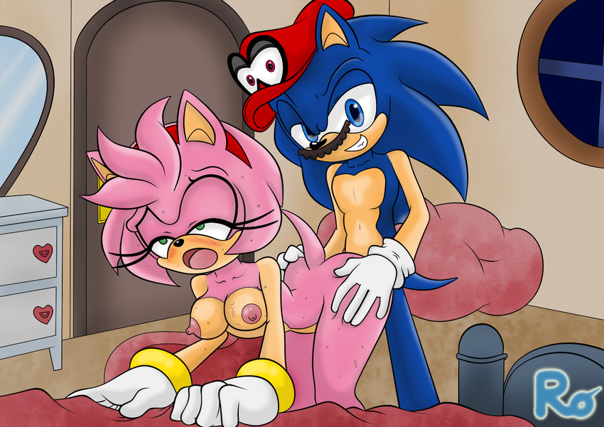 ahegao all_fours amy_rose animate_inanimate areola bed bedroom blue_eyes blue_fur blush bracelet breasts cappy_(mario) clothing crossover doggystyle drawer erect_nipples eye_roll eyelashes female from_behind_position fur gloves green_eyes grin hairband jewelry looking_at_viewer looking_pleasured male male/female mario mario_bros mirror nintendo nipples nude on_bed open_mouth pink_fur possession quills raianonzika red_eyes sex signature smile sonic_(series) sonic_the_hedgehog super_mario_odyssey video_games window