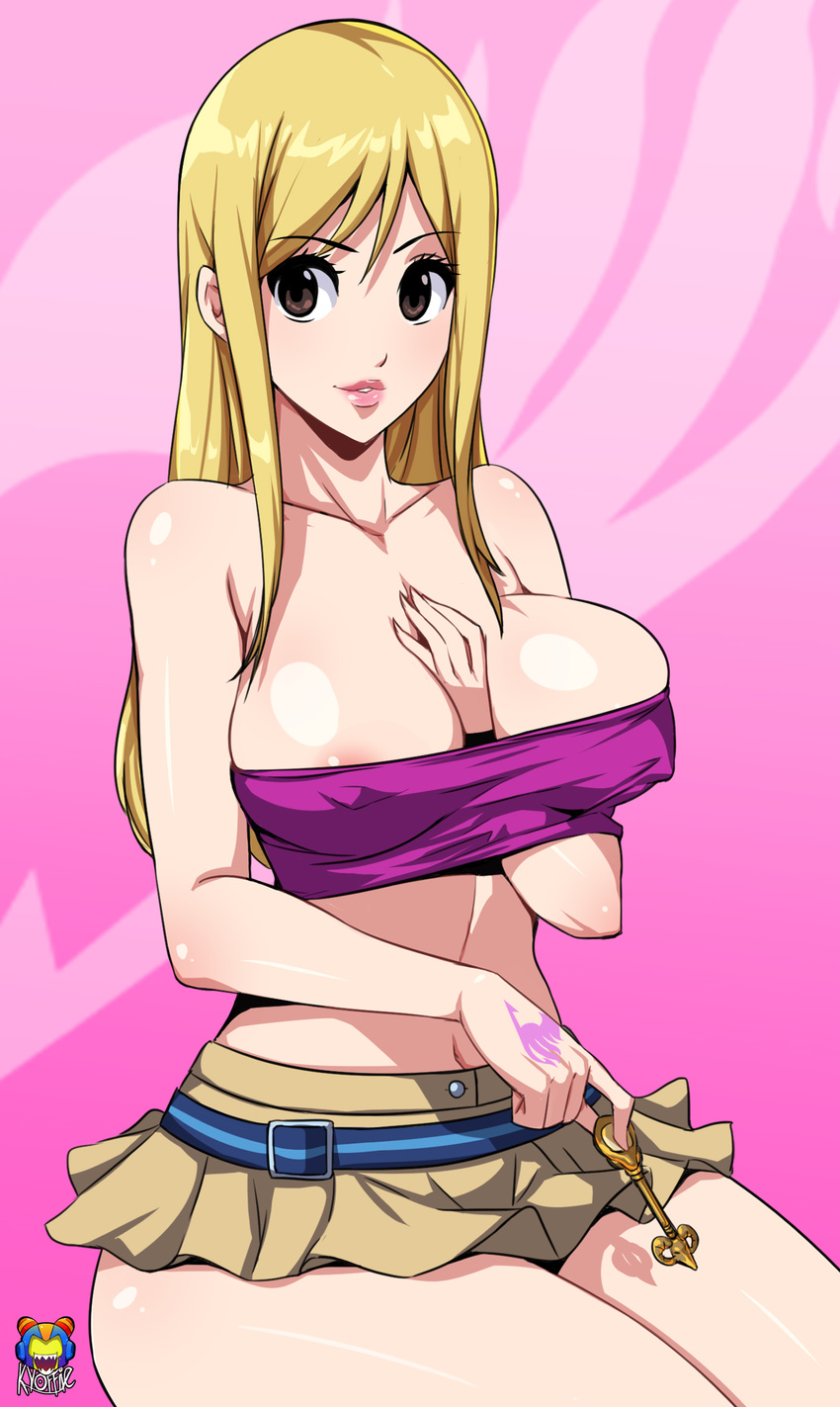 bandeau blonde_hair blush breasts erect_nipples fairy_tail hand_between_breasts key kyoffie12 large_breasts lucy_heartfilia nipple_slip short_skirt skirt tattoo