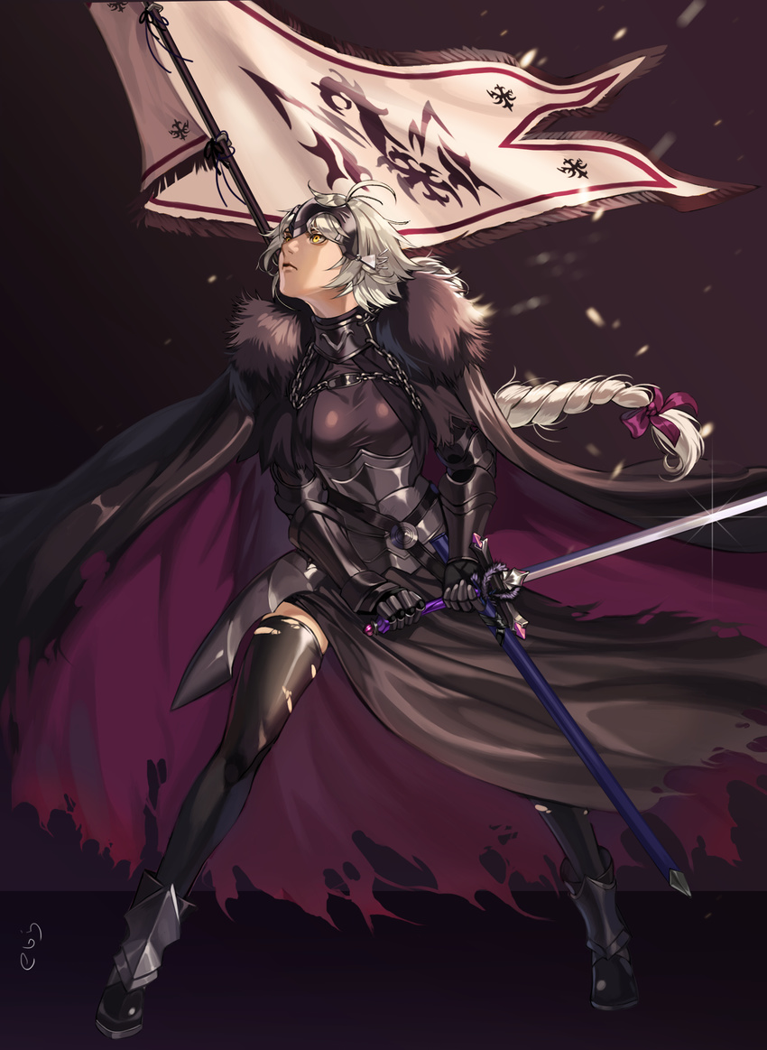 ahoge armor banner black_cape black_dress black_legwear braid breasts cape chain dress ebiss06081 fate/grand_order fate_(series) faulds full_body fur_collar fur_trim gauntlets greaves hair_ornament headpiece highres holding holding_weapon jeanne_d'arc_(alter)_(fate) jeanne_d'arc_(fate)_(all) legs_apart long_hair looking_away looking_to_the_side medium_breasts sheath solo standing sword thighhighs torn_clothes torn_legwear weapon white_hair yellow_eyes