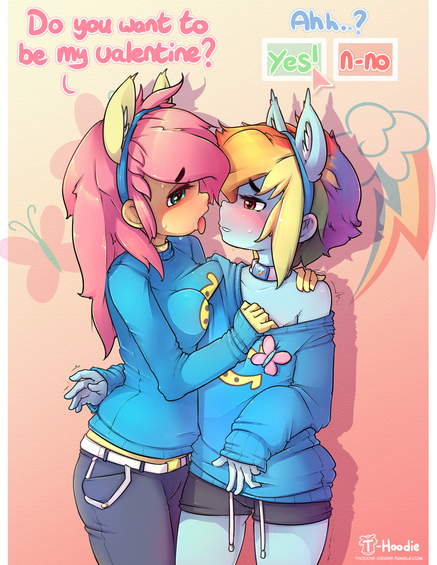 big_breasts blush breasts clothing collar female fluttershy_(mlp) friendship_is_magic hoodie_(artist) humanoid mammal my_little_pony open_mouth pants rainbow_dash_(mlp) shorts sweat sweater tongue tongue_out