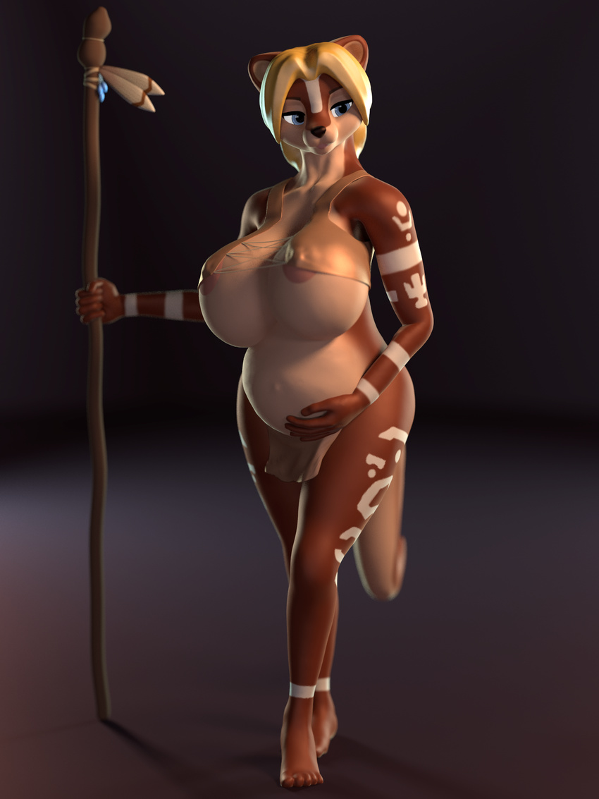 2015 3d_(artwork) 5_toes anthro barefoot big_breasts blonde_hair blue_eyes breasts clothing digital_media_(artwork) female front_view hair haukena hi_res huge_breasts loincloth mammal markings mustelid otter plantigrade pregnant simple_background solo staff straps toes tribal vest voluptuous vulpesco wide_hips