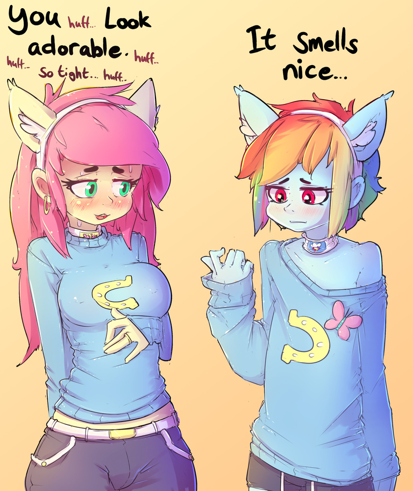 anthro big_breasts blush breasts clothing collar equine female fluttershy_(mlp) friendship_is_magic hoodie_(artist) humanoid_penis mammal my_little_pony pants penis rainbow_dash_(mlp) shorts sweat sweater