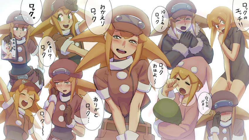 belt bike_shorts blonde_hair blush bodysuit breasts brown_gloves cabbie_hat cleavage commentary_request gloves green_eyes hat highres jacket long_hair looking_at_viewer open_mouth red_hat red_shorts rockman rockman_dash rog_rockbe roll_caskett short_sleeves shorts smile solo