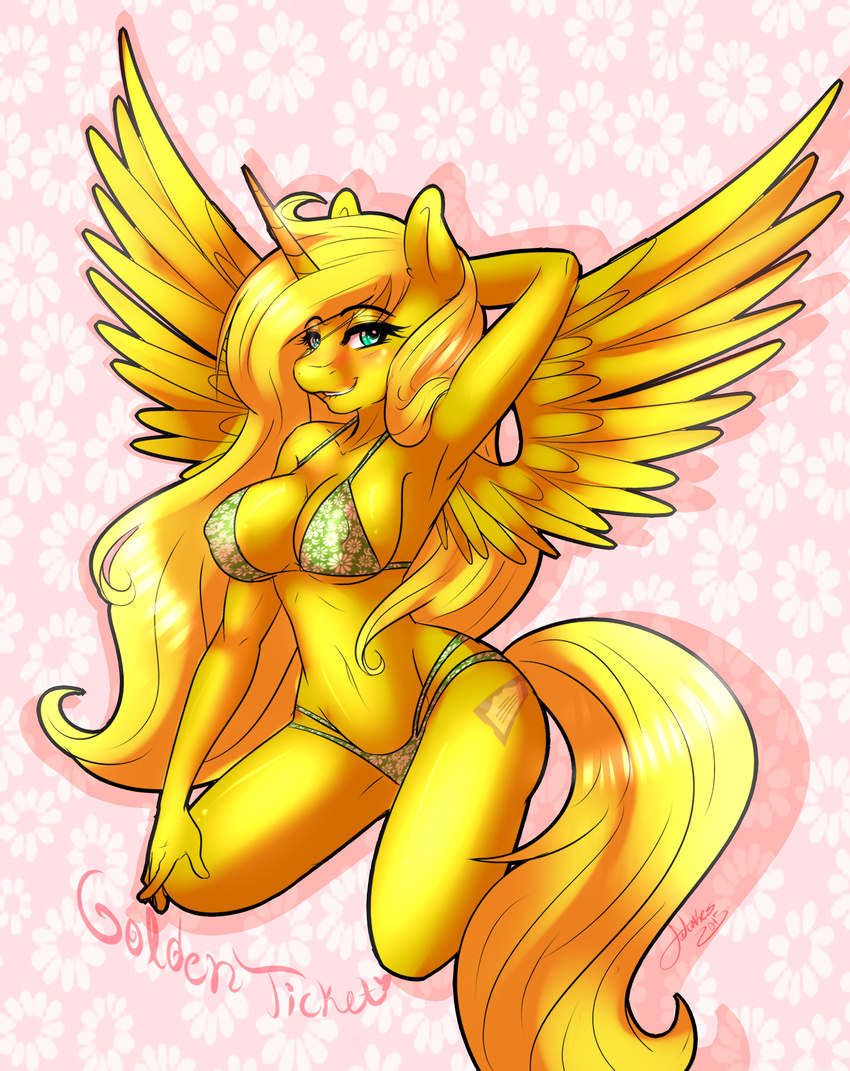 2015 anthro bikini biting_lip blonde_hair blush breasts clothing cutie_mark equine feathered_wings feathers female golden_ticket hair hand_behind_head hi_res horn long_hair looking_at_viewer mammal mrfatcakes my_little_pony navel solo swimsuit winged_unicorn wings