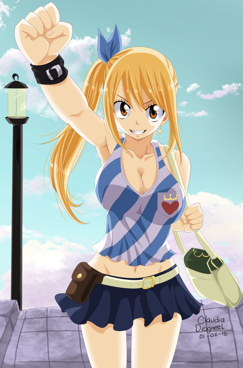 1girl armpits blonde_hair blue_ribbon blue_skirt breasts brown_eyes claudia_dragneel cleavage clouds earrings fairy_tail female hair_bow hair_ribbon large_breasts long_hair lucy_heartfilia navel purse ribbon shirt skirt sky smile solo tied_hair wrist_cuffs