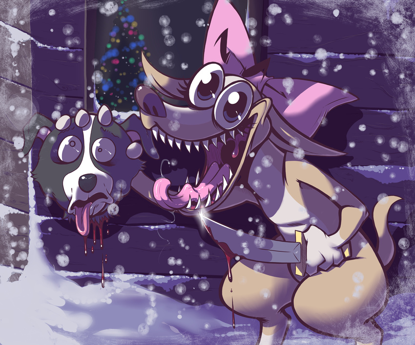 alfred_alfer ambiguous_gender anthro black_nose blood blue_eyes bow_tie canine christmas christmas_tree cross-eyed decapitation dog drooling duo emily_youcis female gore holidays knife looking_at_viewer mammal open_mouth outside pickles saliva sharp_teeth snow snowing speedosausage teeth tongue tongue_out tree weapon window