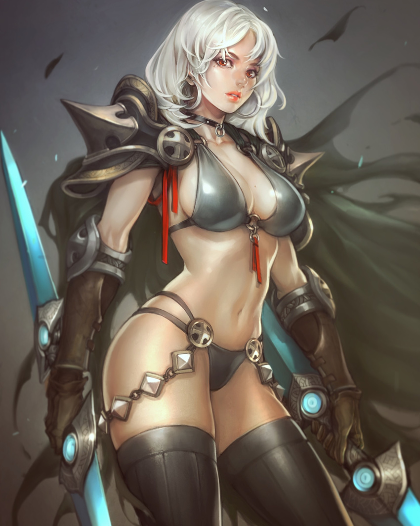 absurdres armor bikini_armor black_legwear breasts brown_gloves cape choker cleavage double-blade dual_wielding earrings elbow_pads fantasy gloves highres holding hoop_earrings jewelry lips looking_at_viewer md5_mismatch medium_breasts medium_hair midriff mole mole_on_breast navel night orange_eyes original ozo_stato pauldrons sideboob silver_hair solo spikes thighhighs vambraces