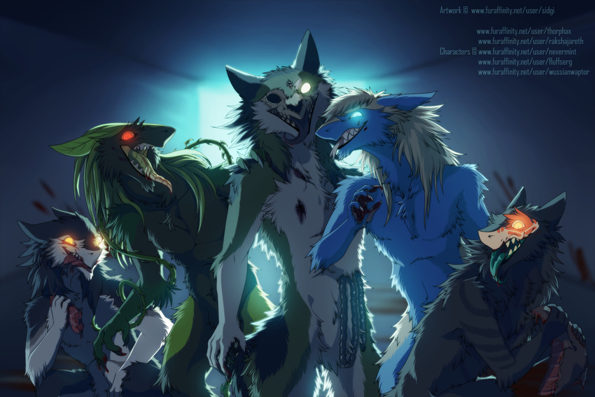 2018 4_toes anthro black_fur black_hair blood blue_eyes blue_fur crouching eating eating_flesh flesh fluffy fur glowing glowing_eyes gore green_fur green_hair grin group guts hair hard_vore intestines male multicolored_fur neck_tuft open_mouth orange_eyes red_eyes sergal sharp_teeth sidgi skull smile standing teeth toes tongue tongue_out tuft two_tone_fur undead vore white_eyes white_fur white_hair zombie