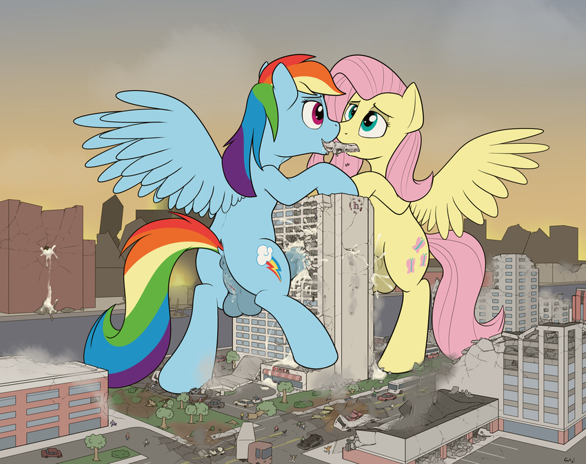 2018 absurd_res anus balls butt car crossgender cum cutie_mark destruction equine feral fluttershy_(mlp) friendship_is_magic hair herm hi_res hooves intersex macro mammal multicolored_hair my_little_pony outside pegasus penis pink_hair public pussy rainbow_dash_(mlp) rainbow_hair rapidstrike tree vehicle vore wings