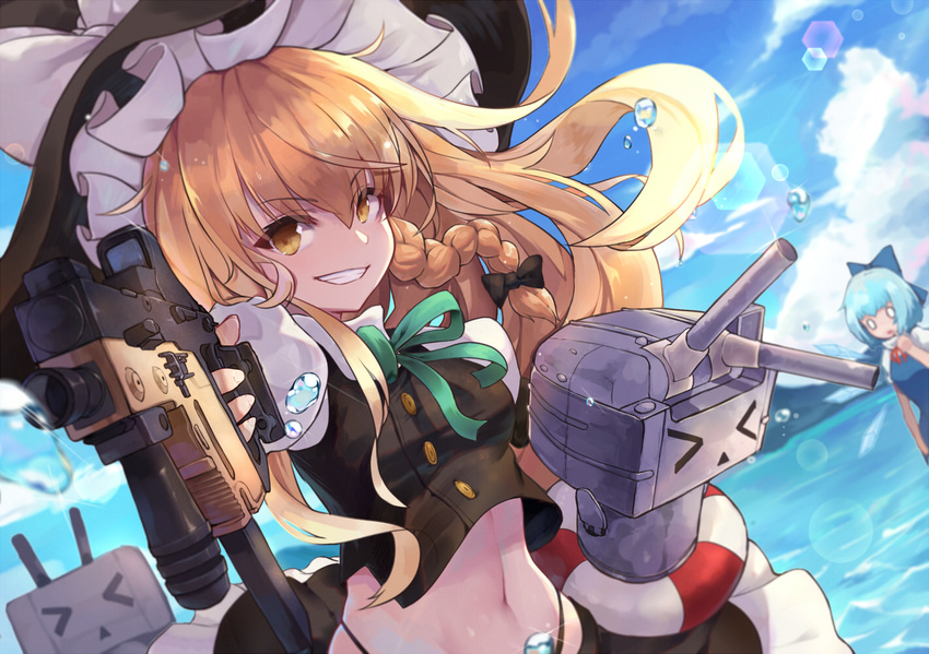 &gt;_&lt; 2girls :d aiming_at_viewer bangs black_bow black_hat black_skirt black_vest blonde_hair blue_bow blue_dress blue_sky bow braid breasts cirno cloud crossover day dress dutch_angle frilled_hat frills green_neckwear green_ribbon grin gun hair_bow hat hat_bow holding holding_gun holding_weapon kantai_collection kirisame_marisa kriss_vector lifebuoy long_hair looking_at_viewer midriff multiple_girls navel neck_ribbon ocean open_mouth outstretched_arm pantie_painting red_neckwear red_ribbon rensouhou-chan ribbon shiny shiny_hair side_braid skirt sky small_breasts smile solo_focus sparkle stomach submachine_gun teeth thong touhou triangle_mouth tsurime upper_body v-shaped_eyebrows very_long_hair vest water water_drop weapon white_bow witch_hat yellow_eyes