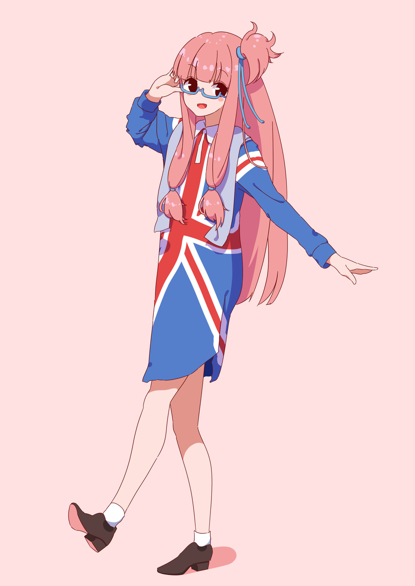 :d absurdres arm_up bare_legs bespectacled black_eyes black_footwear blue-framed_eyewear blush blush_stickers eyebrows_visible_through_hair flag_print full_body glasses hair_ribbon hair_tie highres kotonoha_akane leg_up long_hair long_sleeves looking_at_viewer one_side_up open_mouth pink_background pink_hair ribbon semi-rimless_eyewear shoes sidelocks simple_background smile socks solo standing standing_on_one_leg straight_hair tareme towel towel_on_head tress_ribbon under-rim_eyewear union_jack very_long_hair voiceroid white_legwear yusake_san