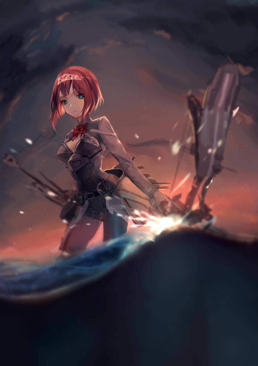 absurdres ajirui ark_royal_(kantai_collection) bangs belt blue_eyes blunt_bangs blurry bob_cut bow_(weapon) breasts buckle cleavage_cutout closed_mouth cloud commentary_request compound_bow corset depth_of_field dusk expressionless highres holding holding_bow_(weapon) holding_weapon jacket kantai_collection long_sleeves looking_at_viewer machinery medium_breasts overskirt pantyhose quiver red_hair red_ribbon ribbon rigging short_hair shorts sidelocks solo tiara tsurime turret wading water water_drop waves weapon white_legwear white_shorts wind