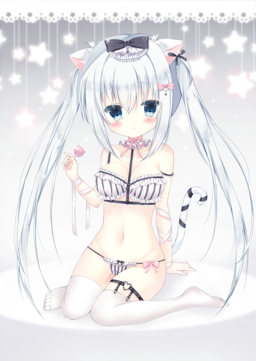 :o absurdres animal_ears arm_support bad_id bad_pixiv_id bandaged_arm bandages bangs bare_shoulders black_bow black_ribbon blue_eyes blush bow bow_panties bra breasts cameltoe candy cat_ears cat_girl cat_tail collarbone commentary_request eyebrows_visible_through_hair fingernails food frilled_bra frilled_panties frills hair_between_eyes hair_bow highres holding holding_lollipop lollipop long_hair looking_at_viewer medium_breasts navel no_shoes original panties parted_lips pink_bow ribbon saeki_sora sidelocks silver_hair sitting solo star strap_slip striped tail tail_ribbon themed_object thighhighs twintails underwear underwear_only vertical-striped_bra vertical-striped_panties vertical_stripes very_long_hair wariza white_legwear