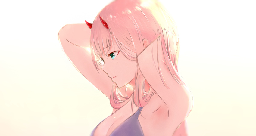 aqua_eyes armpits arms_up blue_bra bra darling_in_the_franxx eyebrows_visible_through_hair hands_in_hair highres horns long_hair pink_hair profile red_horns solo teataster underwear zero_two_(darling_in_the_franxx)