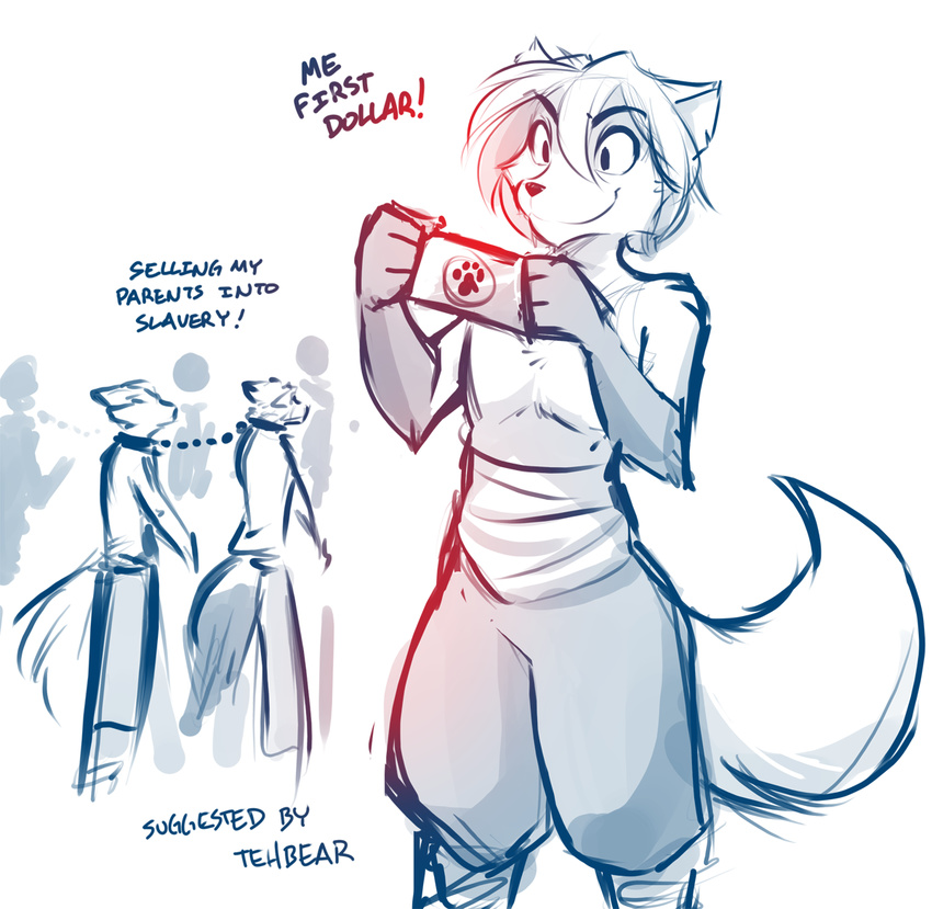 2018 ambiguous_gender anthro canine chain clothed clothing clovis_(twokinds) collar cub dialogue english_text fox gloves_(marking) group hi_res humor hybrid keidran male mammal markings money monochrome partially_clothed simple_background sketch slave smile smirk solo_focus teenager text tom_fischbach topless twokinds webcomic white_background wolf young