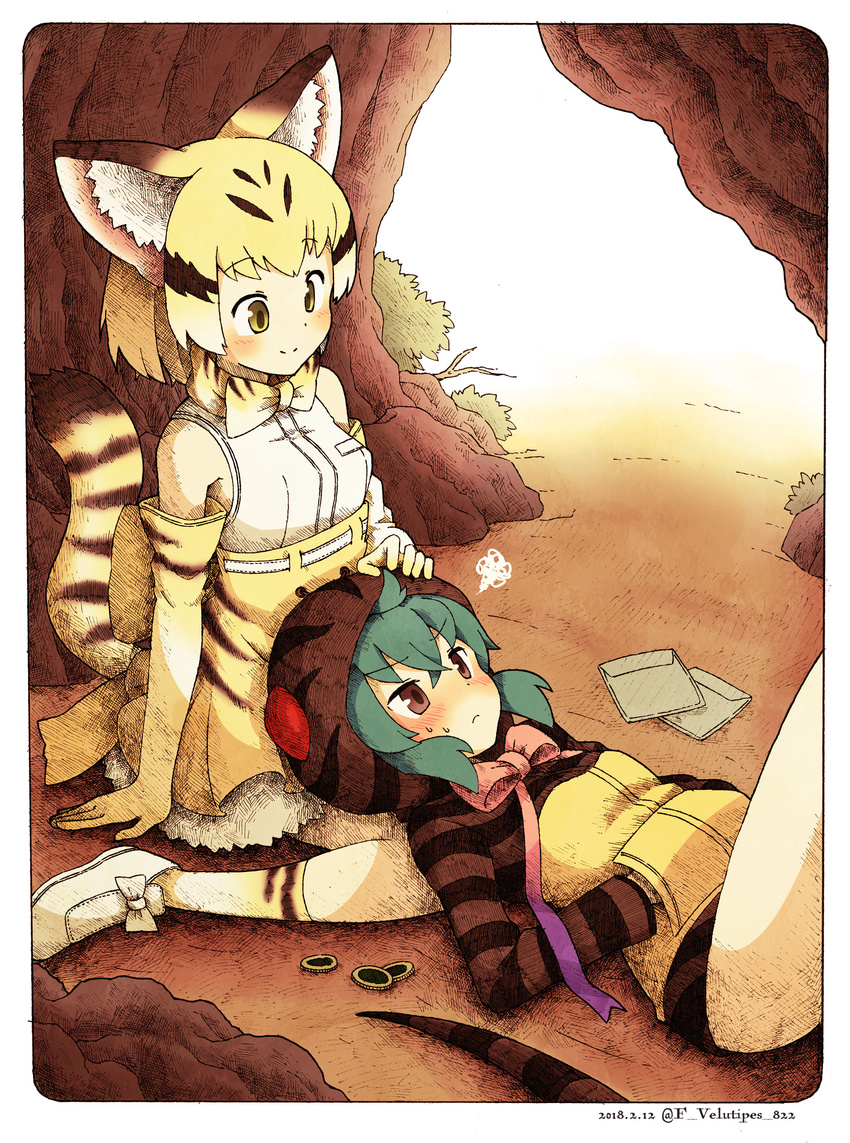 absurdres animal_ears bare_legs bare_shoulders blue_hair blush border bow bowtie cat_ears cat_tail cave coin commentary_request elbow_gloves enk_0822 frown gloves hand_on_another's_head hands_in_pockets highres hood hoodie japari_coin kemono_friends lap_pillow multicolored_hair multiple_girls pout rounded_corners sand_cat_(kemono_friends) short_hair skirt smile snake_tail socks squiggle sweatdrop tail tsuchinoko_(kemono_friends) yuri