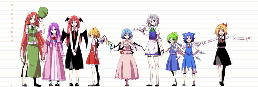absurdres cirno commentary_request cup daitoutei daiyousei flandre_scarlet from_side full_body hands_on_hips hat hat_removed headwear_removed height_chart highres hong_meiling izayoi_sakuya koakuma looking_at_viewer multiple_girls no_hat no_headwear outstretched_arms patchouli_knowledge remilia_scarlet rumia shadow spread_arms teacup teapot the_embodiment_of_scarlet_devil touhou tray