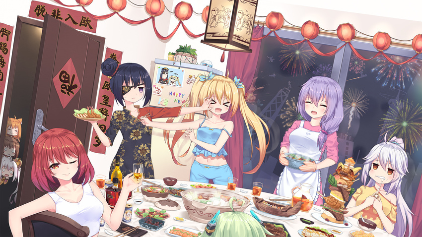 &gt;_&lt; :d ;) ahoge animal_ears black_hair blonde_hair bow bowl brown_hair cat_ears chair chinese_new_year chopsticks commentary commentary_request dinner door eyepatch fireworks food green_hair hair_bow hair_ribbon highres lampion lavender_hair long_hair multiple_girls nabe neps-l one_eye_closed open_mouth original peeking_out ponytail pot red_hair ribbon short_hair shrimp shrimp_tempura silver_hair smile table tempura themed_object translation_request twintails xd