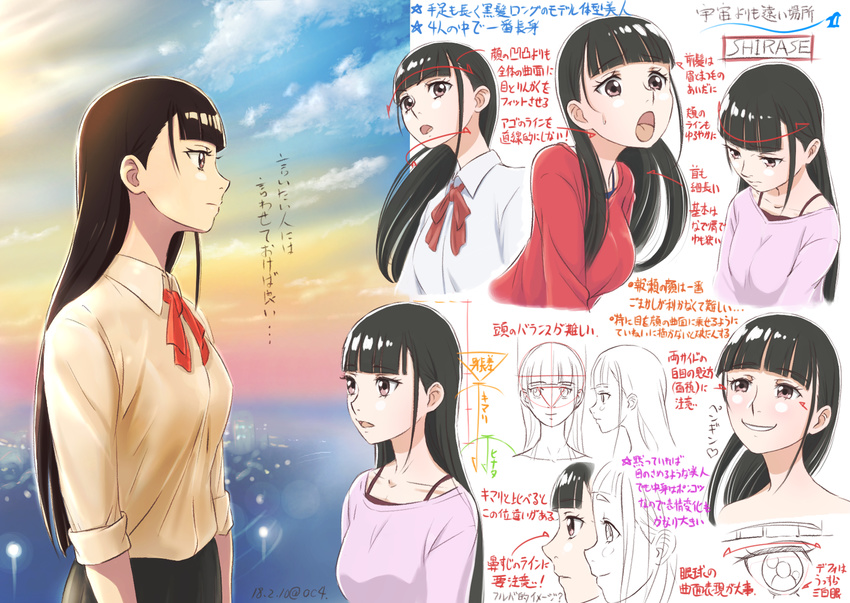 bangs black_hair blunt_bangs bow brown_eyes closed_mouth commentary_request dress_shirt expressionless highres how_to kobuchizawa_shirase long_hair multiple_views open_mouth oshiyon red_bow shirt sleeves_rolled_up smile sora_yori_mo_tooi_basho sweatdrop tongue tongue_out upper_body