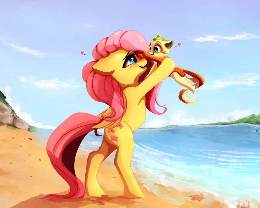 &lt;3 2018 ambiguous_gender beach cutie_mark duo equine feral fluttershy_(mlp) friendship_is_magic green_eyes hair hi_res long_hair mammal miokomata my_little_pony non_toxic_(oc) outside pegasus pink_hair seaside tatzlpony water wings young
