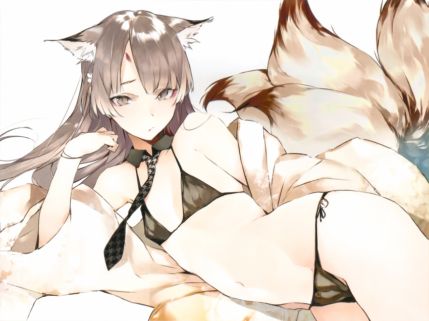 absurdres animal_ears bikini black_bikini brown_eyes brown_hair cropped detached_collar eyeliner flat_chest fox_ears fox_tail frown highres houndstooth long_hair lying makeup multiple_tails navel necktie off_shoulder on_side original scan shunsei_(muratou) side-tie_bikini solo swimsuit tail wristband