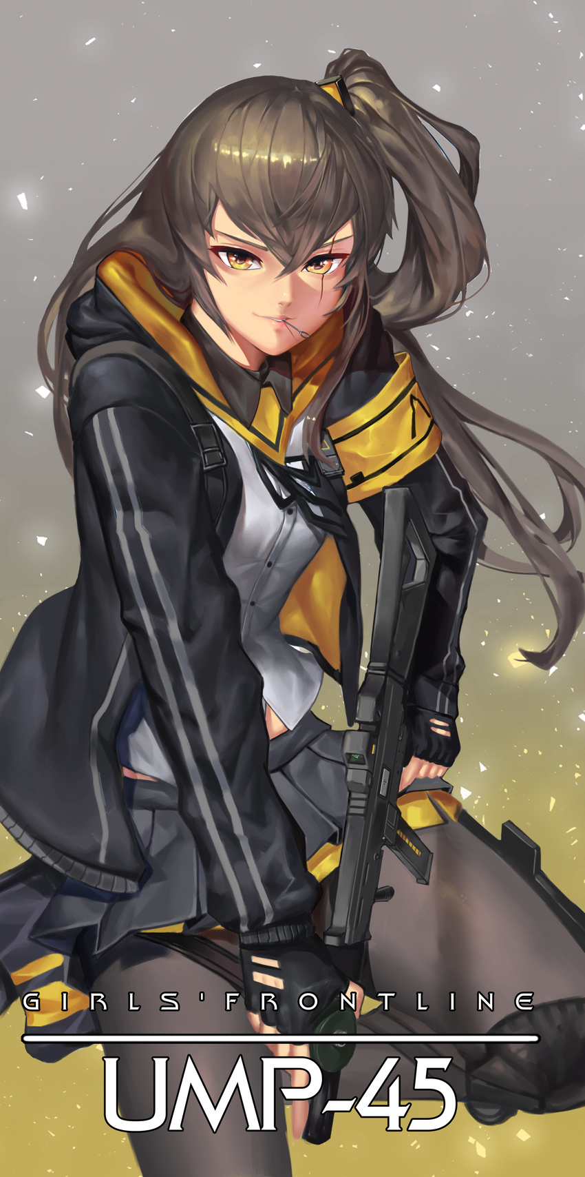 absurdres ammunition_pouch armband black_gloves black_jacket black_legwear black_ribbon brown_eyes brown_hair buckle buttons character_name cowboy_shot daeno exoskeleton fingerless_gloves girls_frontline gloves grenade_pin gun h&amp;k_ump h&amp;k_ump45 hair_ornament heckler_&amp;_koch highres holding holding_gun holding_weapon holster hood hooded_jacket jacket knee_pads leg_up light_particles long_hair looking_at_viewer mouth_hold neck_ribbon one_side_up pantyhose parted_lips pouch ribbon scar scar_across_eye scarf shirt silver_hair skirt smile smoke_grenade solo standing strap submachine_gun suppressor thigh_strap thighhighs trigger_discipline ump45_(girls_frontline) vertical_foregrip weapon white_shirt