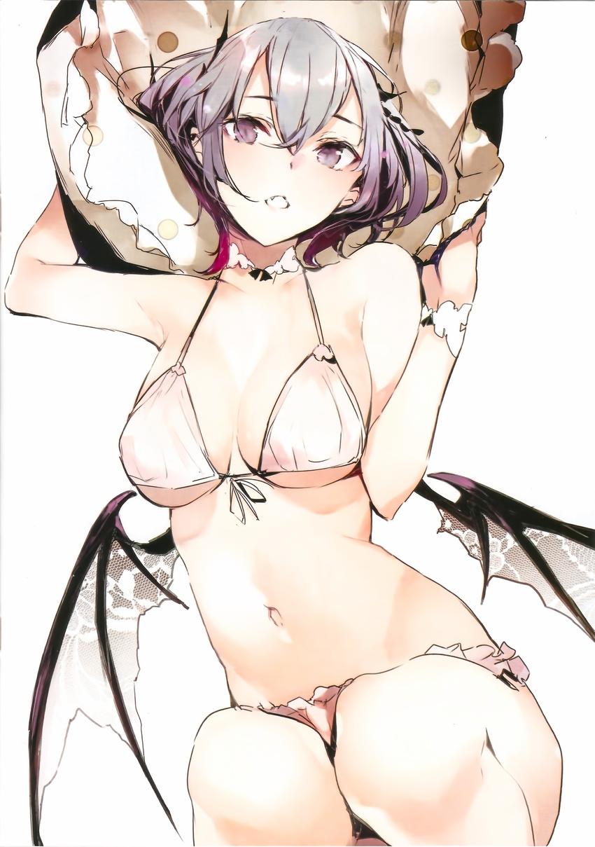 absurdres bare_arms bare_shoulders bat_wings bikini breasts cleavage fang front-tie_top gradient_hair hair_between_eyes halter_top halterneck highres looking_at_viewer medium_breasts multicolored_hair navel original pink_hair purple_eyes purple_hair scan shunsei_(muratou) simple_background solo stomach string_bikini swimsuit vampire white_background white_bikini wings