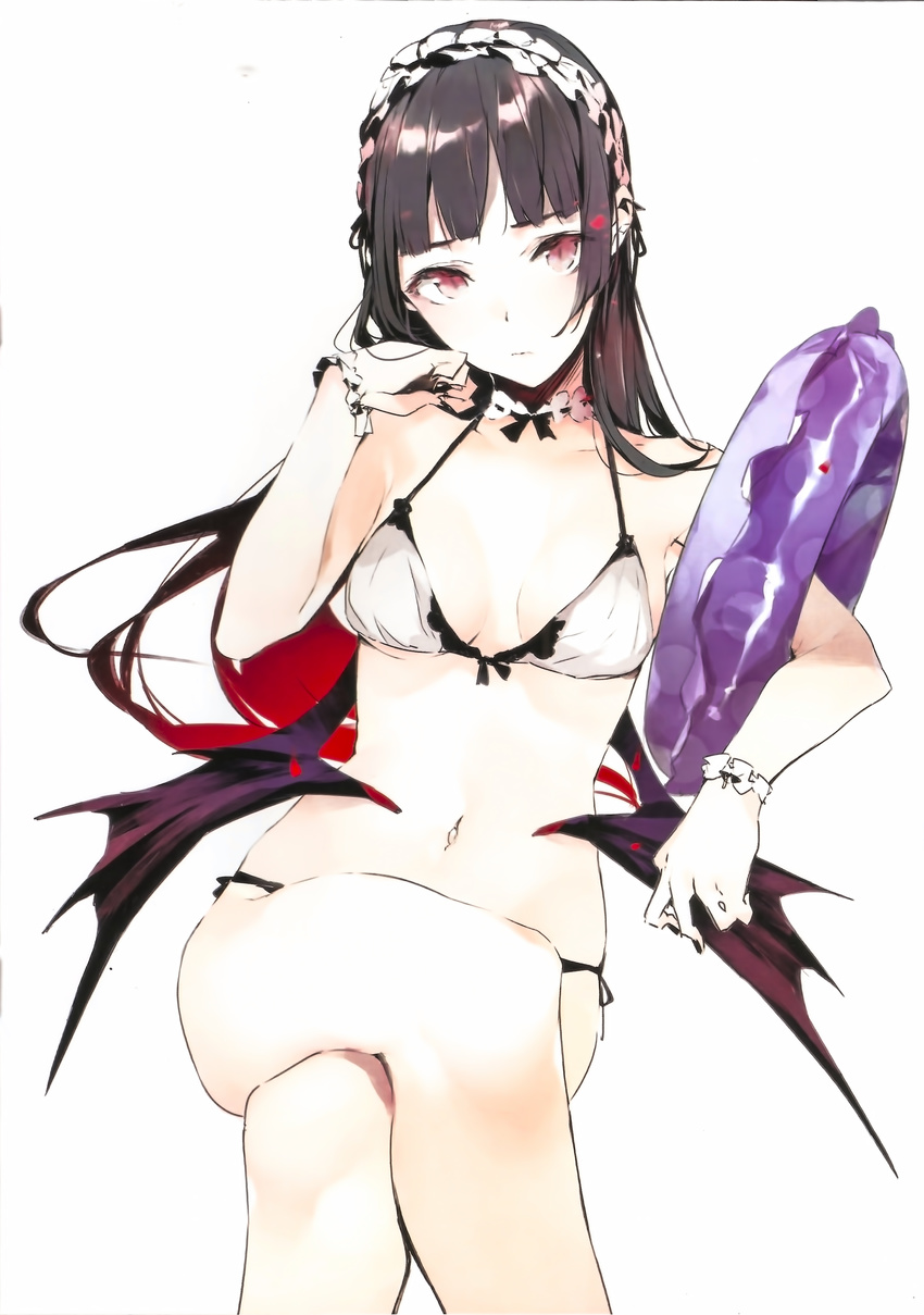 absurdres bangs bikini black_hair blunt_bangs breasts choker crossed_legs demon_wings front-tie_bikini front-tie_top highres innertube long_hair low_wings medium_breasts navel original red_eyes ribbon_trim scan shunsei_(muratou) side-tie_bikini simple_background sitting slit_pupils solo swimsuit white_bikini wings wrist_cuffs