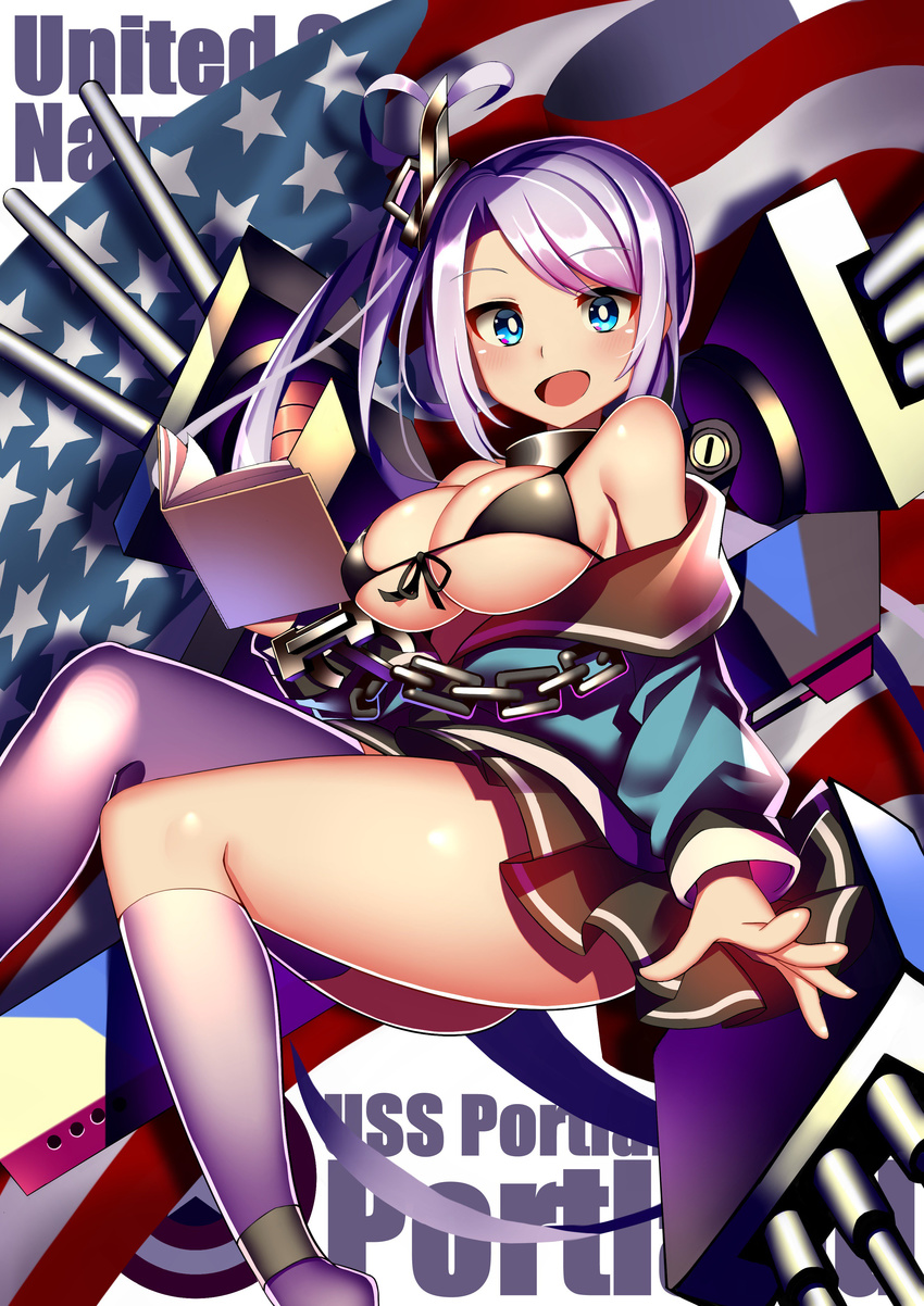1girl :d absurdres ahoge american_flag asymmetrical_legwear azur_lane bikini_top blue_eyes book breasts character_name cleavage commentary_request flag_background highres holding large_breasts long_hair looking_at_viewer machinery open_mouth pleated_skirt portland_(azur_lane) side_ponytail silver_hair skirt smile solo turret white_legwear