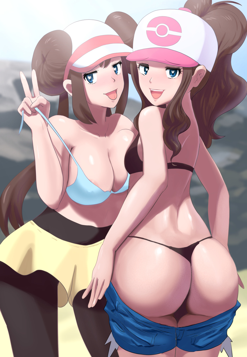 absurdres areola_slip areolae ass asymmetrical_docking baseball_cap beach black_bra black_legwear blue_bra blue_eyes blush bra breast_press breasts brown_hair cleavage commentary_request day denim denim_shorts g-string half-closed_eyes hat heart heart-shaped_pupils highres kurorekishiman large_breasts looking_at_viewer looking_back low_twintails mei_(pokemon) multiple_girls naughty_face outdoors pantyhose pokemon pokemon_(game) pokemon_bw pokemon_bw2 ponytail shorts shorts_pull small_breasts smile strap_pull symbol-shaped_pupils thong touko_(pokemon) twintails underwear undressing untied_bra v visor_cap