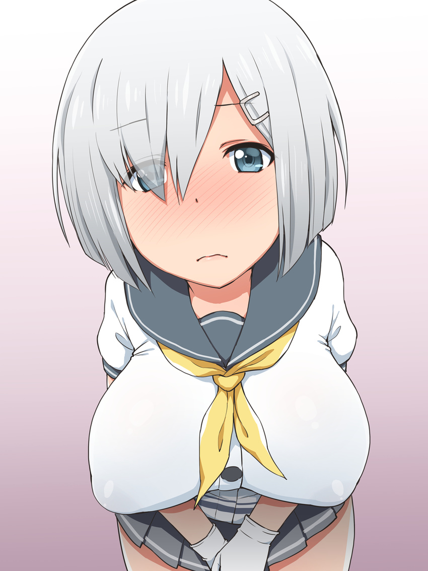 1girl blue_eyes blush breasts closed_mouth elf_k embarrassed eyebrows eyebrows_visible_through_hair full-face_blush gloves hair_over_one_eye hamakaze_(kantai_collection) hands_together highres kantai_collection large_breasts legs looking_at_viewer school_uniform short_hair silver_hair simple_background skirt solo thighs white_gloves white_hair
