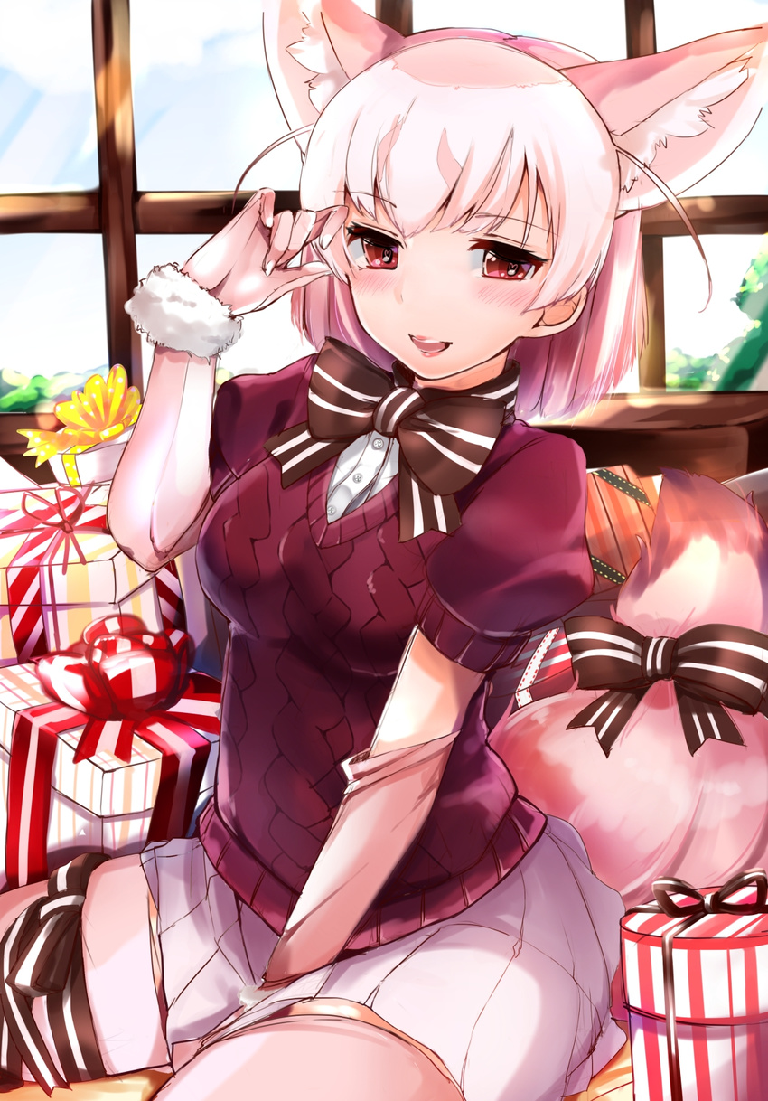 adapted_costume animal_ears aran_sweater between_legs blush bow bowtie box brown_bow brown_neckwear commentary_request elbow_gloves extra_ears eyebrows_visible_through_hair fennec_(kemono_friends) fox_ears fox_tail fur_trim gift gift_box gloves hand_between_legs hand_up heart heart-shaped_pupils highres kemono_friends kinou_no_shika looking_at_viewer miniskirt pleated_skirt short_sleeve_sweater short_sleeves sitting skirt smile solo sweater symbol-shaped_pupils tail tail_bow thigh_bow thigh_strap thighhighs white_skirt
