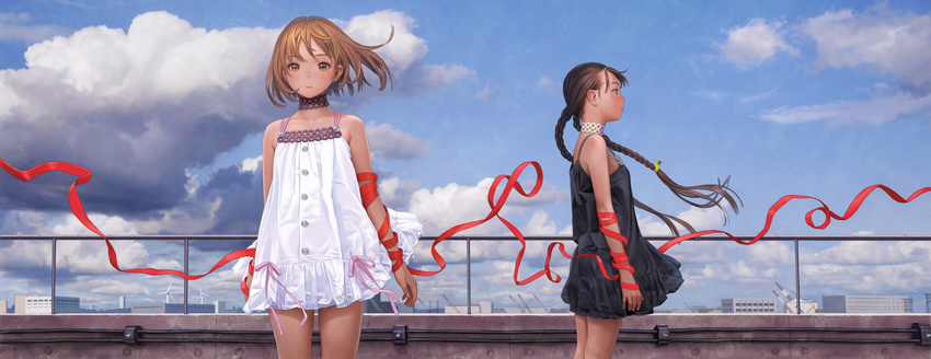 blue_sky braid brown_eyes brown_hair choker cityscape cloud cloudy_sky commentary_request day dress expressionless highres long_hair long_image looking_afar looking_at_viewer multiple_girls murata_renji original outdoors red_ribbon red_string ribbon rooftop short_hair sky standing string sundress twin_braids very_long_hair wind wind_lift