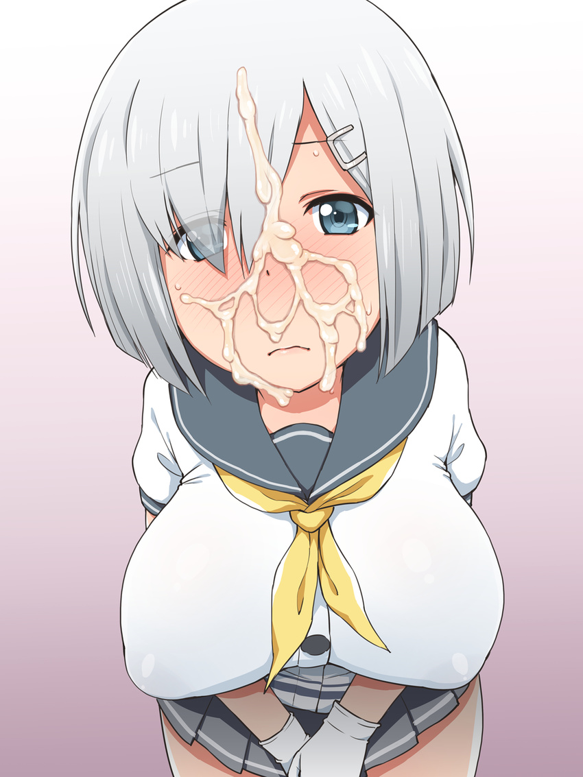 1girl blue_eyes blush breasts closed_mouth cum cum_on_hair elf_k embarrassed eyebrows eyebrows_visible_through_hair facial full-face_blush gloves hair_over_one_eye hamakaze_(kantai_collection) hands_together highres kantai_collection large_breasts legs looking_at_viewer school_uniform short_hair silver_hair simple_background skirt solo thighs white_gloves white_hair
