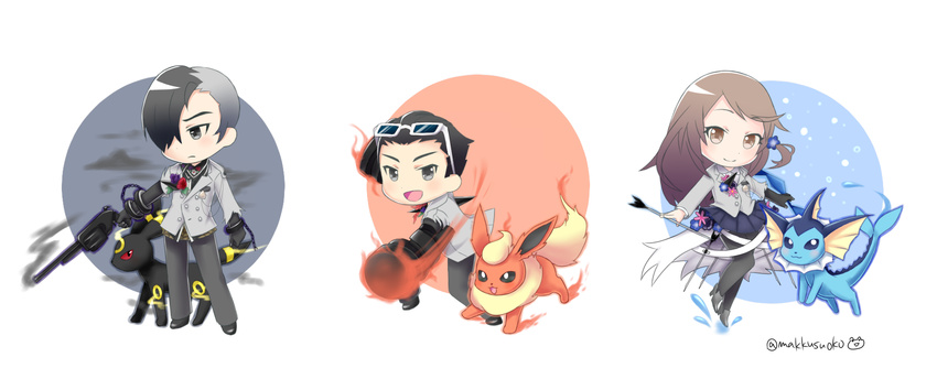 2boys artist_name black_hair bow_(weapon) brown_eyes brown_hair caligula_(game) commentary_request cuffs do_m_kaeru eyebrows_visible_through_hair eyewear_on_head flareon flower gen_1_pokemon gen_2_pokemon grey_eyes gun hair_over_one_eye highres kashiwaba_kotono looking_at_viewer multiple_boys pokemon satake_shougo school_uniform shackles signature skirt tomoe_kotarou_(caligula) twitter_username umbreon vaporeon weapon