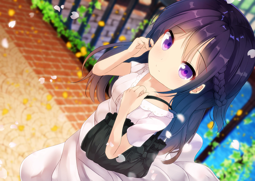 bag bangs blurry blurry_background blush braid breasts chinomaron closed_mouth collarbone day depth_of_field dress dutch_angle eyebrows_visible_through_hair gochuumon_wa_usagi_desu_ka? handbag hands_up highres long_hair looking_at_viewer outdoors petals purple_eyes purple_hair short_sleeves small_breasts smile solo tedeza_rize water white_dress