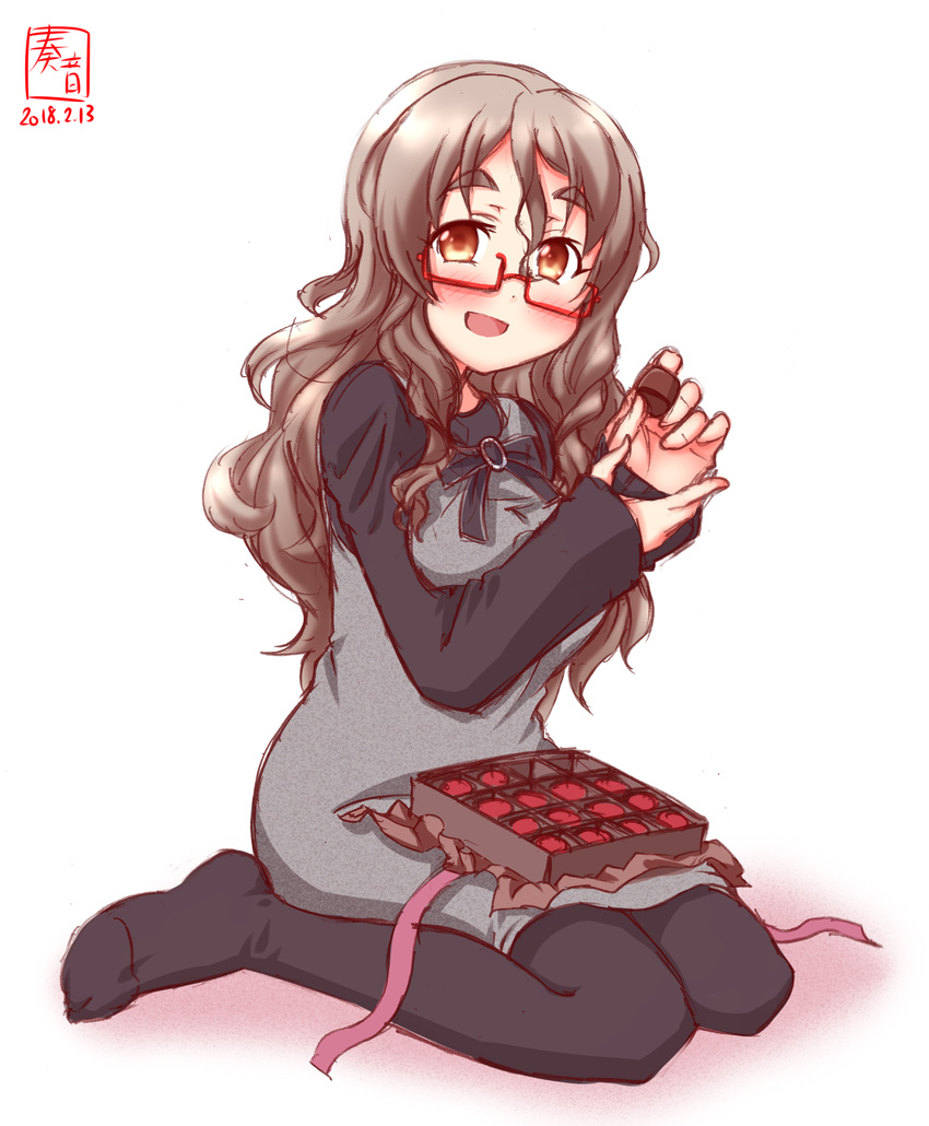 :d alternate_costume artist_logo bespectacled black_legwear box box_of_chocolates brown_hair chocolate commentary_request dated dress full_body glasses grey_dress highres kanon_(kurogane_knights) kantai_collection long_hair long_sleeves looking_at_viewer open_mouth orange_eyes pantyhose pola_(kantai_collection) red-framed_eyewear semi-rimless_eyewear simple_background smile solo thick_eyebrows under-rim_eyewear valentine wavy_hair white_background