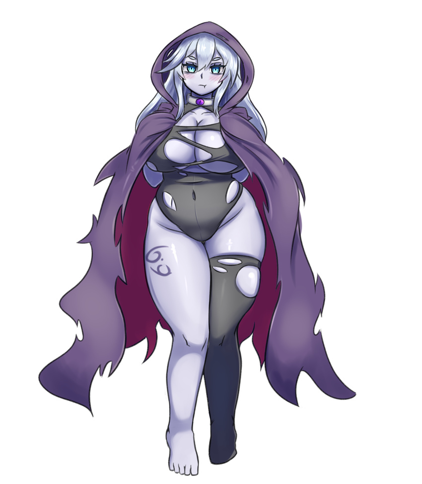 :t black_legwear blue_eyes blush breasts cape cleavage commentary covered_navel curvy full_body hair_between_eyes highres hood hooded_cape huge_breasts lich_(monster_girl_encyclopedia) long_hair looking_at_viewer monster_girl_encyclopedia nav pale_skin pout silver_hair simple_background single_thighhigh solo tattoo thick_thighs thighhighs thighs torn_clothes torn_legwear white_background wide_hips