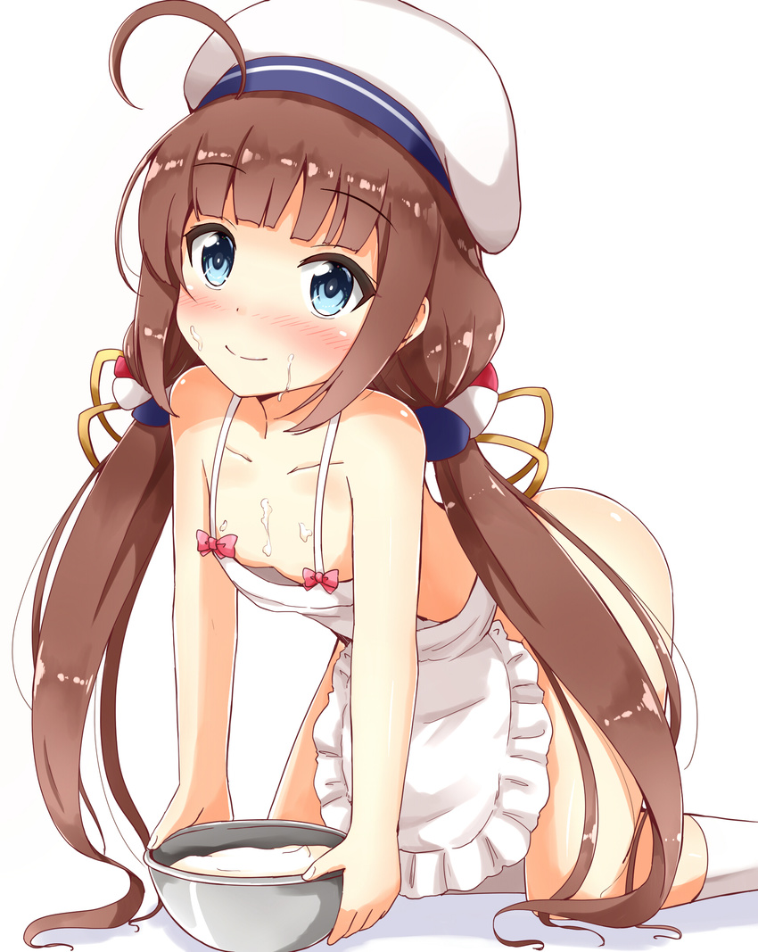 absurdres ahoge aikawa_ryou all_fours apron ass blue_eyes blush breasts brown_hair cleavage commentary_request cream cream_on_face flat_chest food food_on_face hair_ornament hair_tubes hat highres hinatsuru_ai long_hair looking_at_viewer low_twintails naked_apron ryuuou_no_oshigoto! simple_background solo twintails white_background