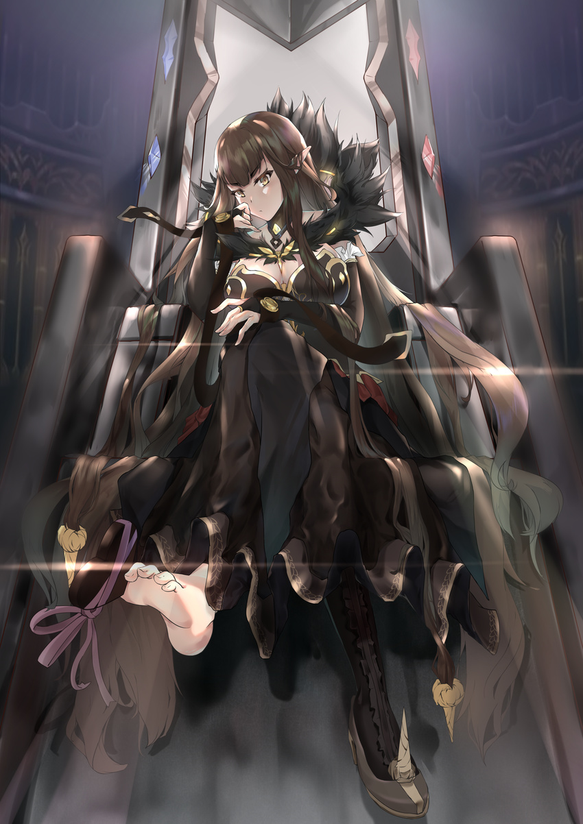 absurdres bangs bare_shoulders barefoot big_hair black_dress black_hair box breasts bridal_gauntlets chair chocolate chocolate_heart cleavage commentary_request crossed_legs detached_sleeves dress fate/apocrypha fate/grand_order fate_(series) finger_to_cheek fur_trim gift hand_on_own_knee head_tilt heart heart-shaped_box high_heels highres holding holding_chocolate holding_gift large_breasts long_dress long_hair pointy_ears qinshi-ji queen ribbon semiramis_(fate) shoes single_shoe sitting solo spikes throne valentine very_long_hair white_day yellow_eyes