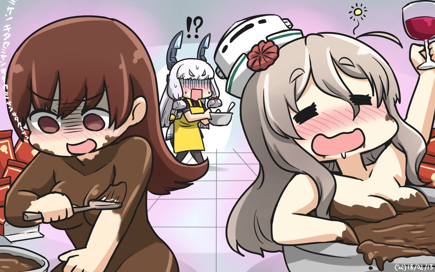 3girls alcohol apron black_legwear blush brown_eyes brown_hair check_commentary chocolate closed_eyes commentary_request cup drinking_glass drooling drunk empty_eyes hair_ribbon hamu_koutarou hat headgear highres kantai_collection long_hair mini_hat multiple_girls murakumo_(kantai_collection) nude ooi_(kantai_collection) open_mouth pantyhose pola_(kantai_collection) red_ribbon ribbon silver_hair smile translated tress_ribbon white_hat wine wine_glass yellow_apron