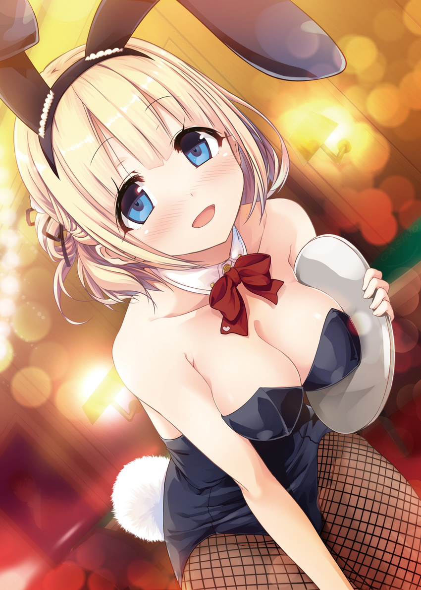 :d absurdres animal_ears bangs bare_shoulders black_leotard blonde_hair blue_eyes blush bow bowtie breasts bunny_ears bunny_girl bunny_tail bunnysuit cleavage collarbone cura detached_collar dutch_angle eyebrows_visible_through_hair fake_animal_ears fishnet_pantyhose fishnets hair_ribbon highres hinai_paulette holding holding_tray leaning_forward leotard looking_at_viewer maitetsu medium_breasts nose_blush open_mouth pantyhose ribbon short_hair smile solo strapless strapless_leotard tail tareme thighs tied_hair tray