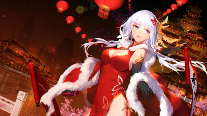 alternate_costume architecture azur_lane bangs black_gloves blue_eyes box breasts cape china_dress chinese_clothes city cleavage_cutout dress dutch_angle east_asian_architecture elbow_gloves eyebrows_visible_through_hair feathers floating_hair gloves hair_feathers hair_ornament heart-shaped_box highres hips illustrious_(azur_lane) lantern large_breasts long_hair looking_back low_twintails night outdoors paper_lantern pelvic_curtain red_dress river scroll side_slit swd3e2 twintails very_long_hair white_hair wind