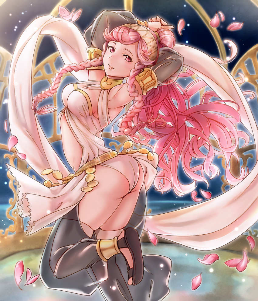 1girl arms_behind_head ass bare_shoulders braid breasts dancer fire_emblem fire_emblem:_kakusei gloves hairband haru_(nakajou-28) highres jewelry long_hair midriff olivia_(fire_emblem) pink_hair ponytail see-through smile solo twin_braids