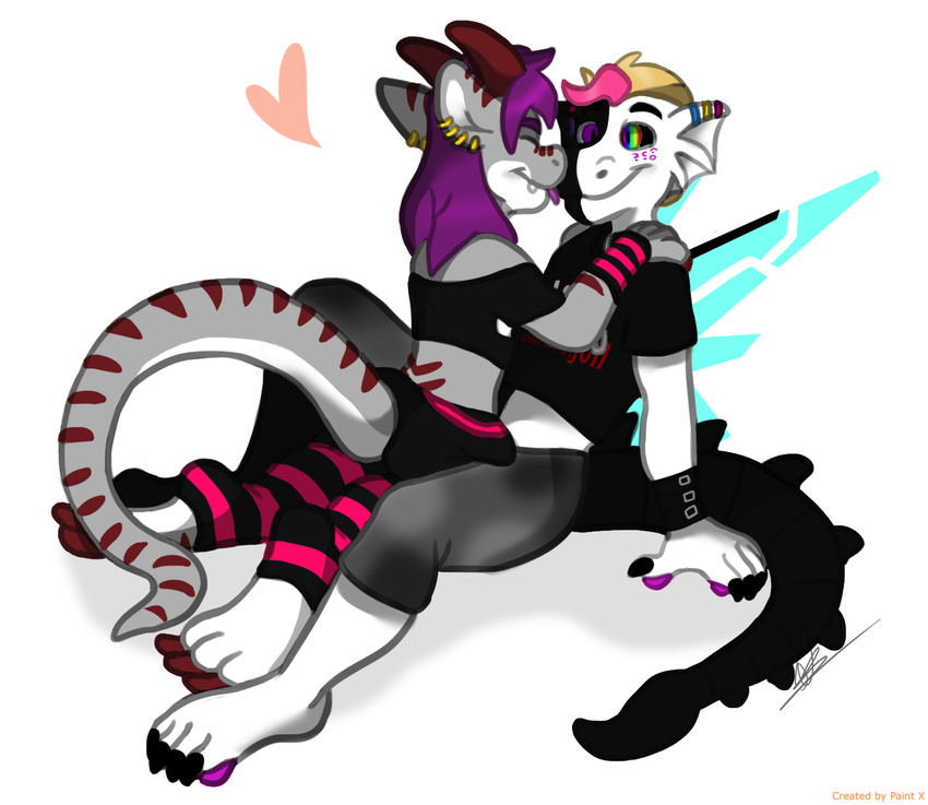 &lt;3 anthro black_and_white black_sclera blonde_hair broken_ring chain claws clothing collar dragon draki duality duality448 elenazilla girly hair horn legwear male monochrome pansexual_piercing paws photon_wings piercing pink_hair purple_eyes purple_hair scalie socks xenomorph_tail