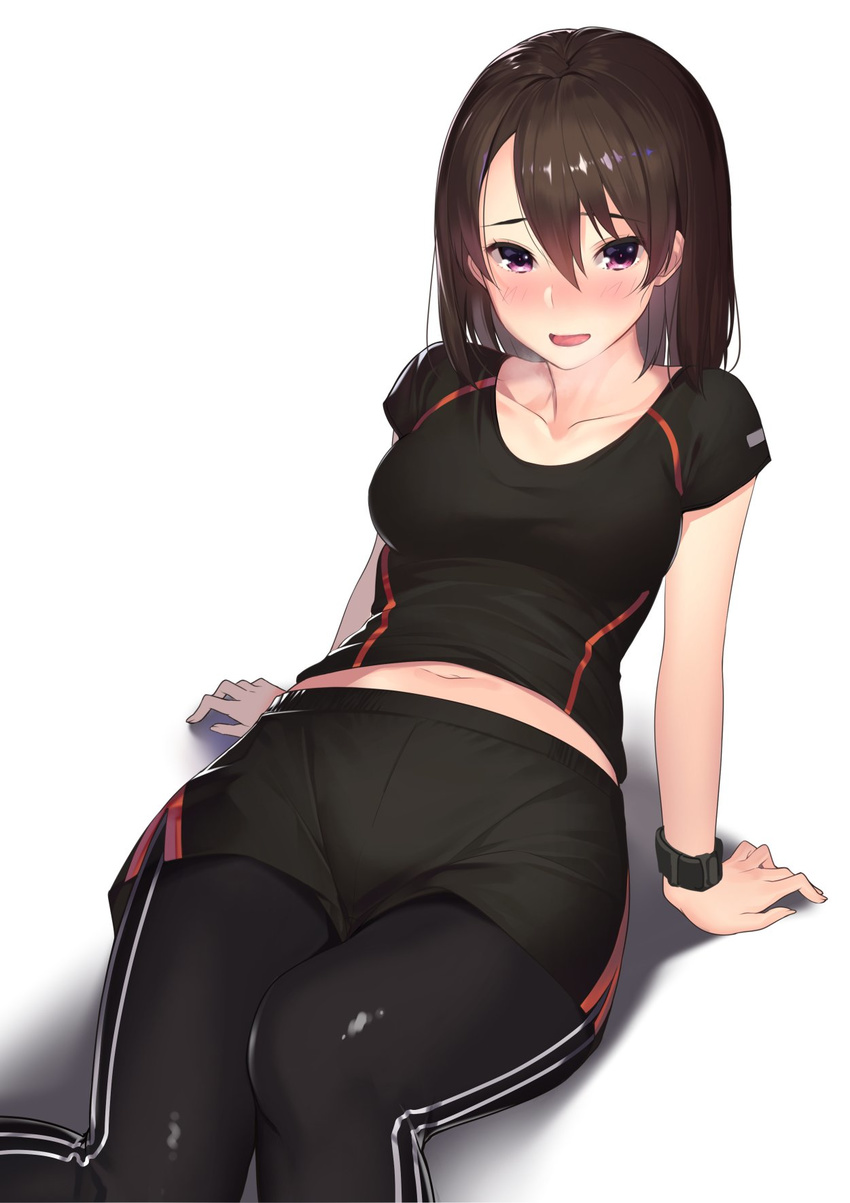 :o arms_behind_back belly_peek black_pants black_shirt black_shorts blush breasts breath commentary_request gym_shorts hair_between_eyes highres kagematsuri leaning_back looking_at_viewer medium_breasts midriff navel open_mouth original pants pants_under_shorts shirt shorts simple_background smile solo track_pants watch white_background wristwatch