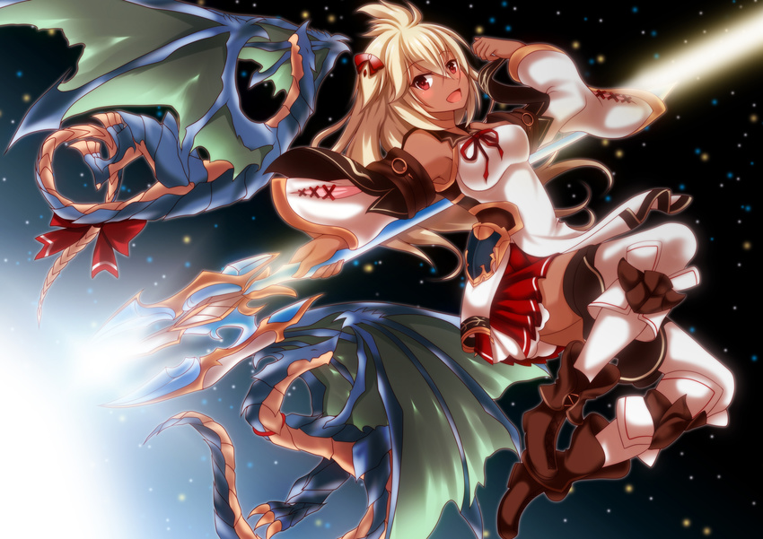 :d ayasato_karen bangs blonde_hair blush boots bow brown_footwear dark_skin detached_sleeves dragon eyebrows_visible_through_hair full_body granblue_fantasy hair_bow highres long_hair looking_at_viewer miniskirt open_mouth petticoat pleated_skirt red_bow red_eyes skirt smile staff thighhighs very_long_hair white_legwear wide_sleeves wings zooey_(granblue_fantasy)