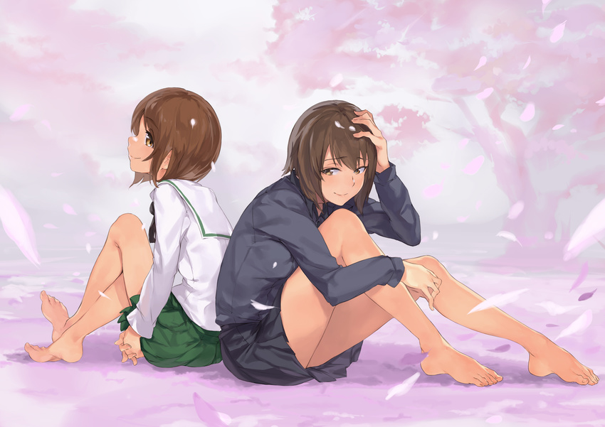 absurdres back-to-back backlighting bare_legs barefoot black_skirt brown_eyes brown_hair cherry_blossoms closed_mouth crossed_ankles error eyebrows_visible_through_hair feet full_body geregere_(lantern) girls_und_panzer green_skirt grey_shirt hand_on_own_head hands_clasped highres knees_up kuromorimine_school_uniform long_sleeves looking_at_viewer looking_to_the_side multiple_girls nishizumi_maho nishizumi_miho ooarai_school_uniform own_hands_together petals pleated_skirt profile sailor_collar school_uniform serafuku shirt short_hair siblings sideways_glance sisters skirt smile toes tree white_sailor_collar wrong_feet