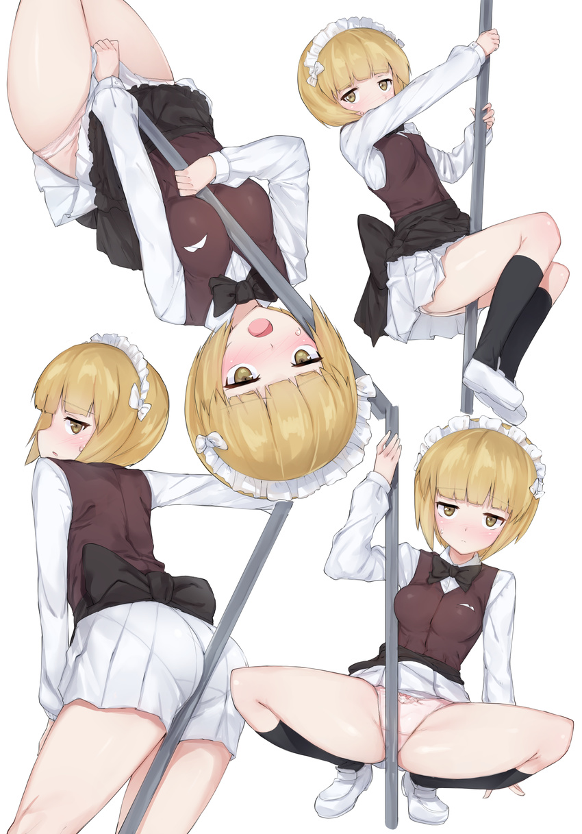 arm_support ass bangs bent_over between_buttocks black_legwear black_neckwear blonde_hair blunt_bangs blush bow bow_panties bowtie brown_vest closed_mouth crotch_seam cutlass_(girls_und_panzer) debutya_aki dress_shirt embarrassed eyebrows_visible_through_hair from_behind girls_und_panzer handkerchief highres kneehighs leaning_to_the_side light_frown loafers long_sleeves looking_at_viewer looking_back maid_headdress miniskirt multiple_views open_mouth panties pantylines parted_lips pink_panties pleated_skirt pole pole_dancing shirt shoes short_hair simple_background skirt skirt_lift skirt_tug squatting standing stripper_pole sweatdrop underwear upside-down vest white_background white_footwear white_shirt white_skirt wing_collar yellow_eyes