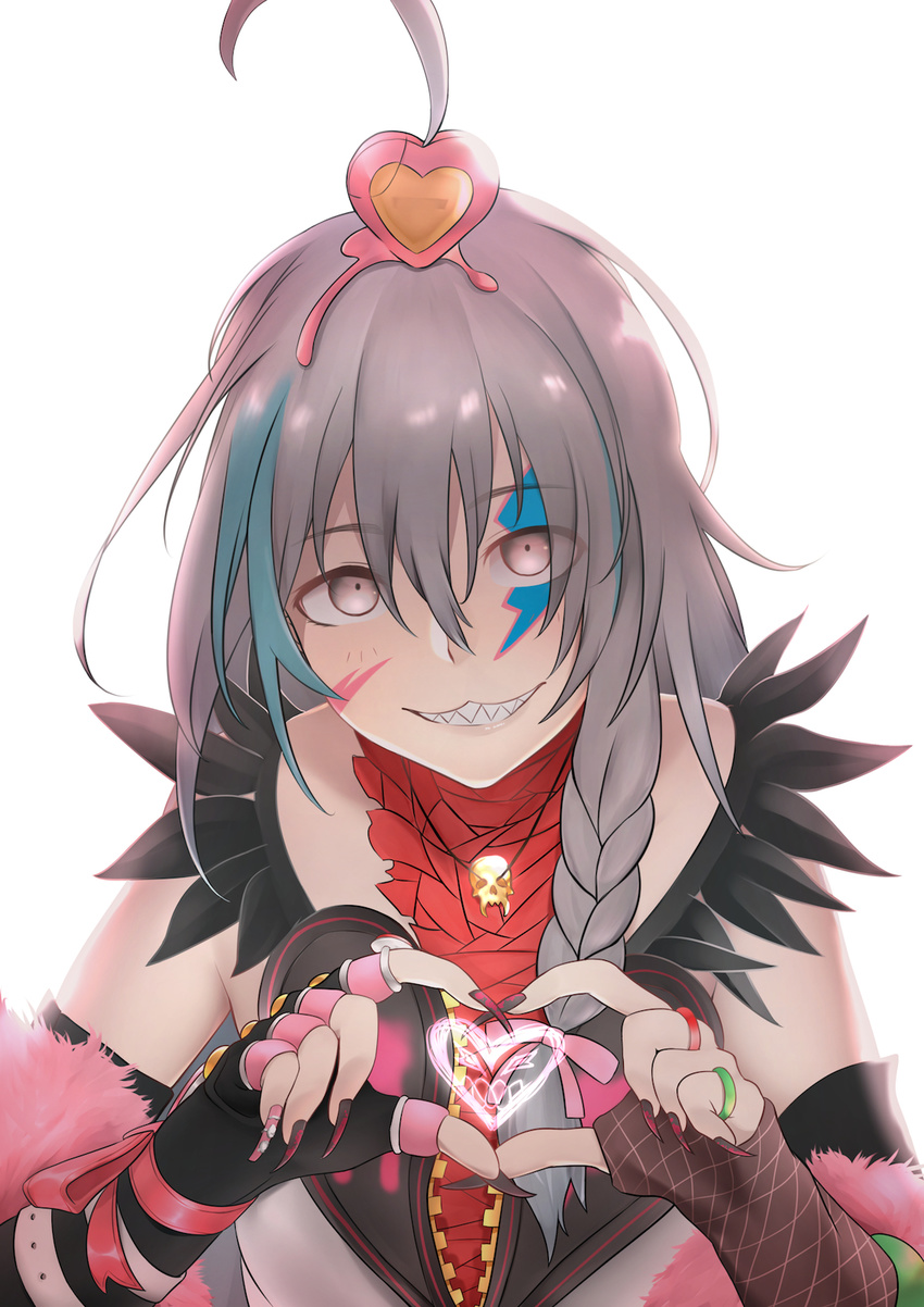 :3 ahoge bare_shoulders facepaint fingerless_gloves fingernails gloves gobi_(sobmobink) grey_eyes grey_hair grin hair_between_eyes heart highres hoshi_shouko idolmaster idolmaster_cinderella_girls idolmaster_cinderella_girls_starlight_stage jewelry long_fingernails long_hair looking_at_viewer mismatched_gloves multicolored multicolored_nails nail_polish ribbon ring sharp_teeth skull_necklace smile solo teeth upper_body valentine wrist_ribbon